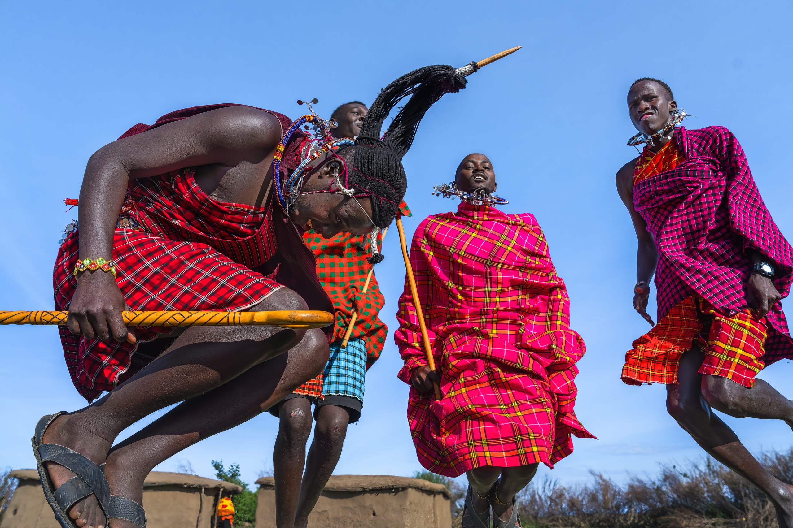 Maasai warriors performing a traditional jumping dance during a cultural visit