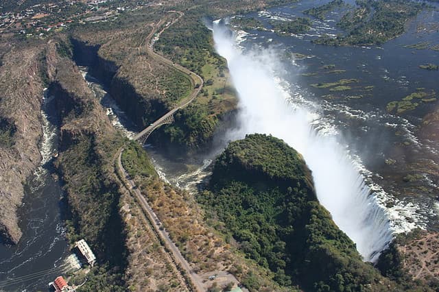 Aerial view of Victoria Falls plunging into the gorge